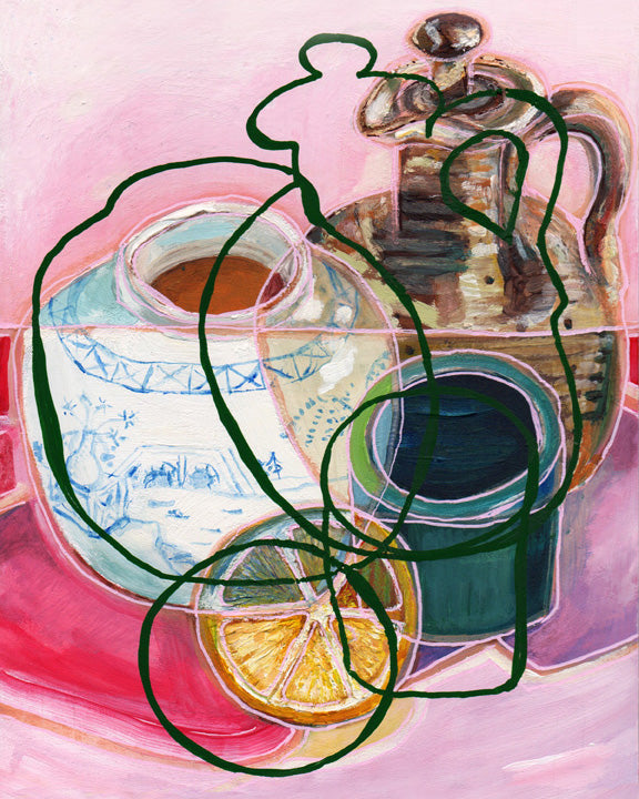 Still life with ceramic pots and a lemon on a pink background by rebecca carr artist