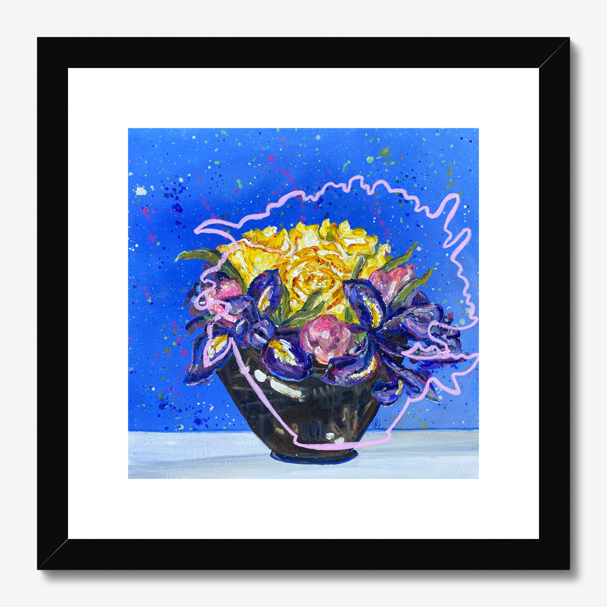 3 yellow roses, irises, tulips and splash, flower print - Rebecca Carr Artist