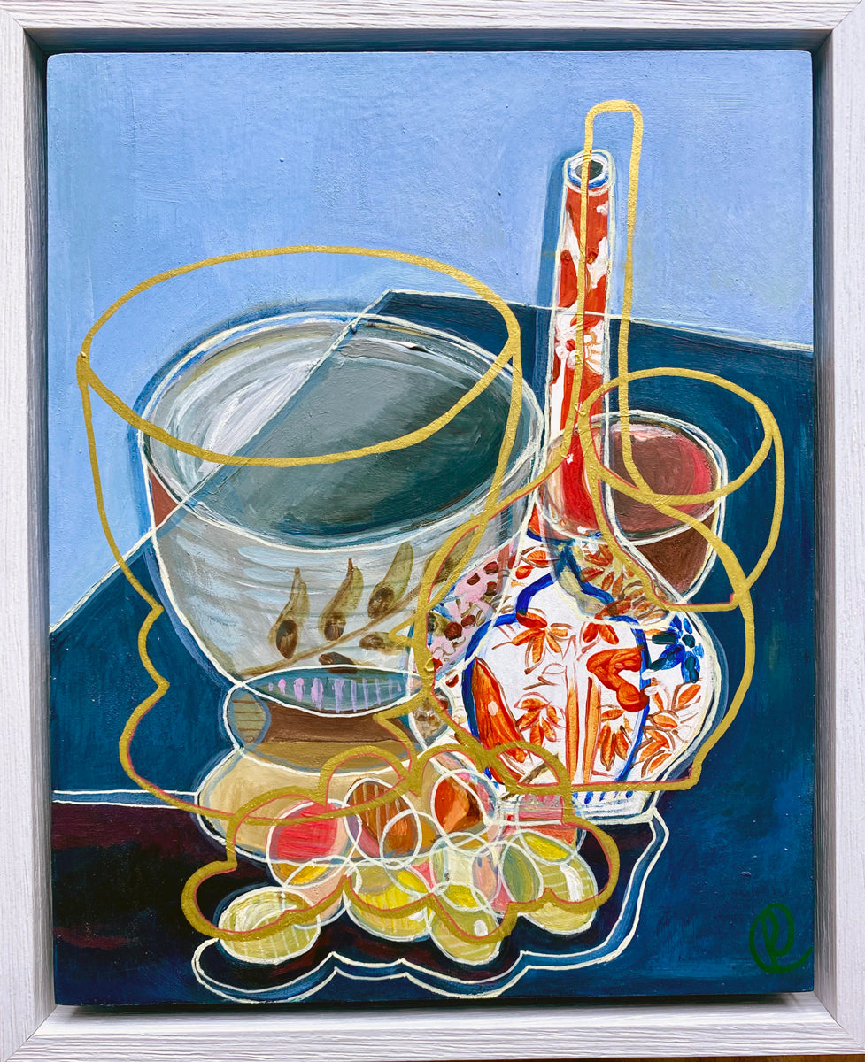 Original Contemporary Still Life Painting: Hand-painted Pottery, grape and imari vase