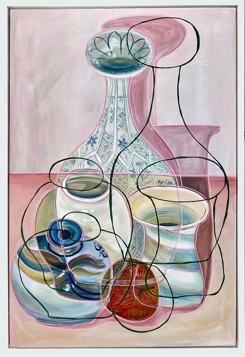 Original Contemporary Still Life Painting: Still life pottery vases and apple