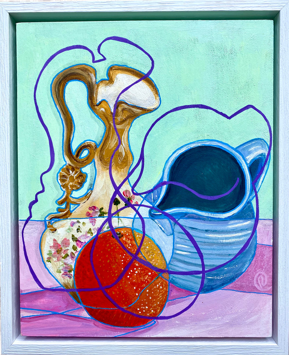 Original Contemporary Still Life Painting: Mint still life with blue jug and orange