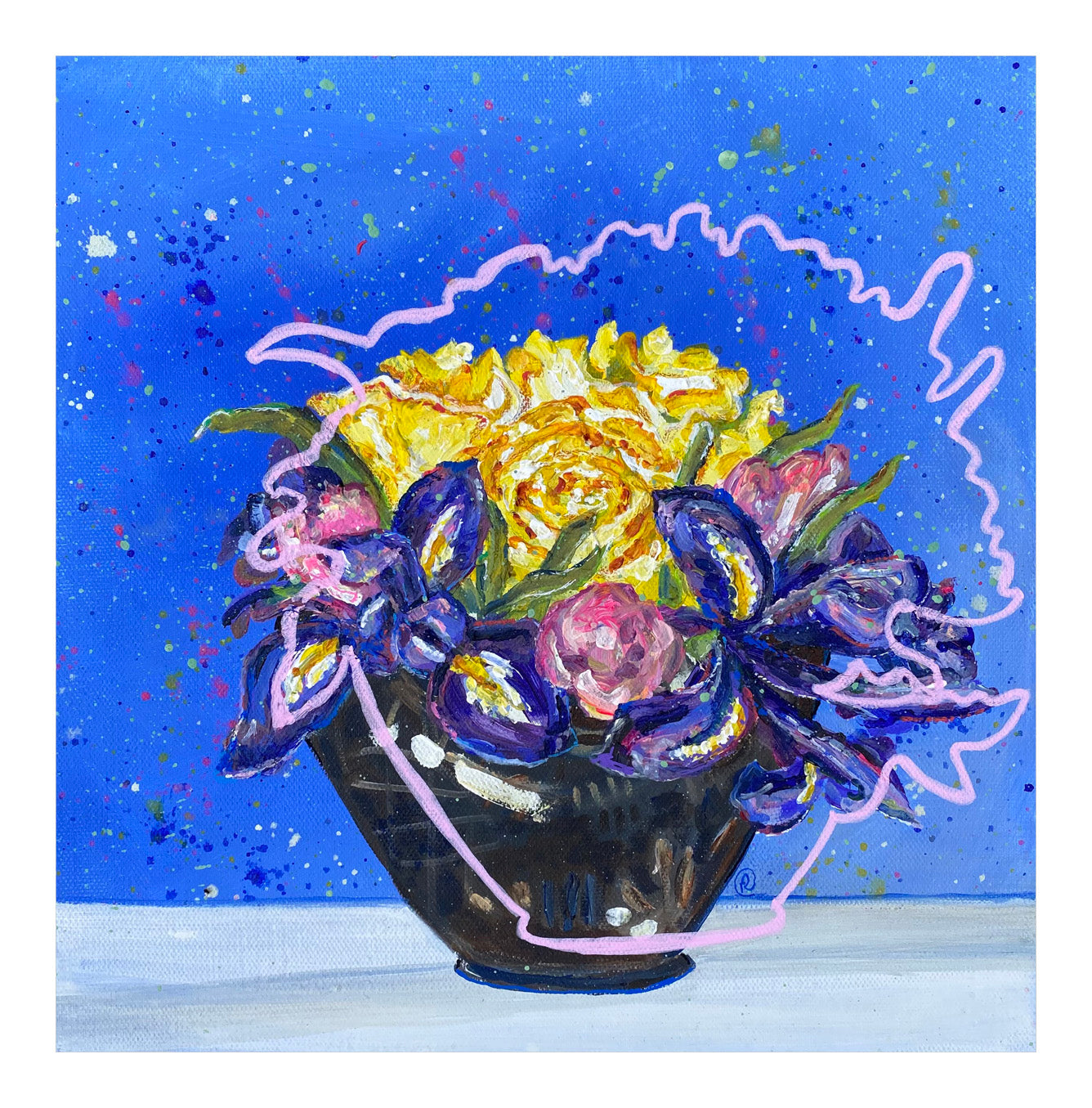3 yellow roses, irises, tulips and splash, flower print - Rebecca Carr Artist