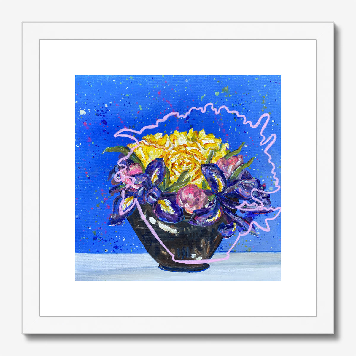 3 yellow roses, irises, tulips and splash, flower print - Rebecca Carr Artist