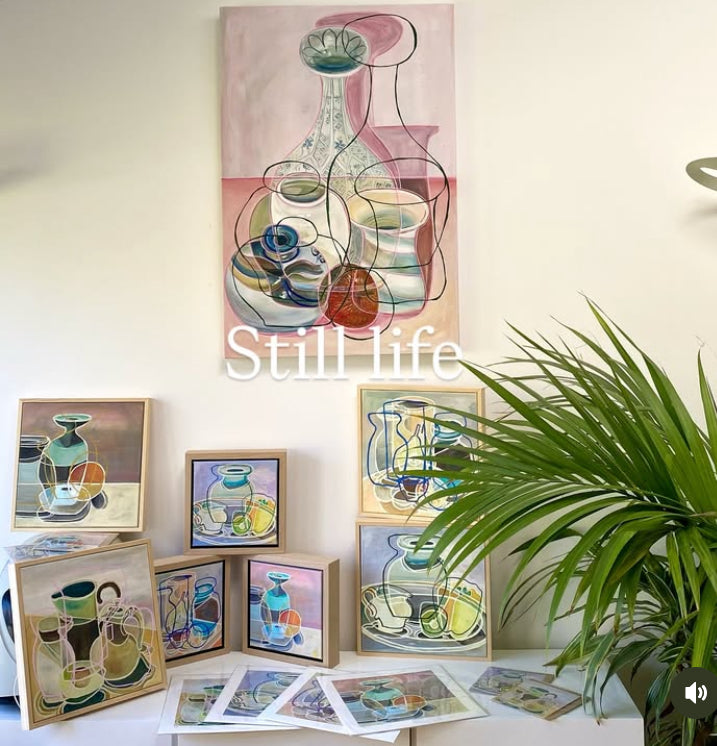 Original Contemporary Still Life Painting: Still life pottery vases and apple