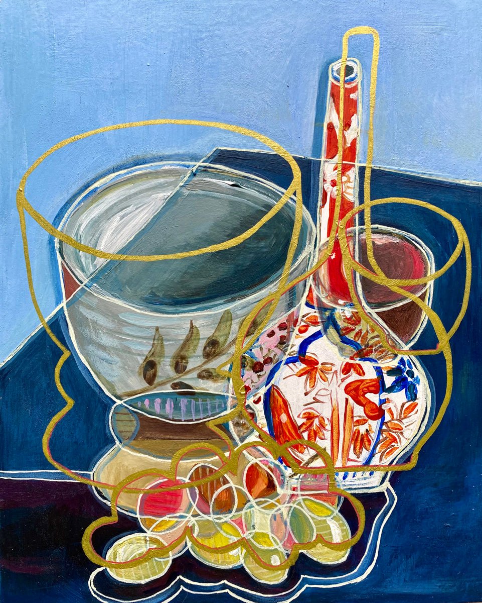 Still life painting with a bowl, glass, and bottle on a blue background