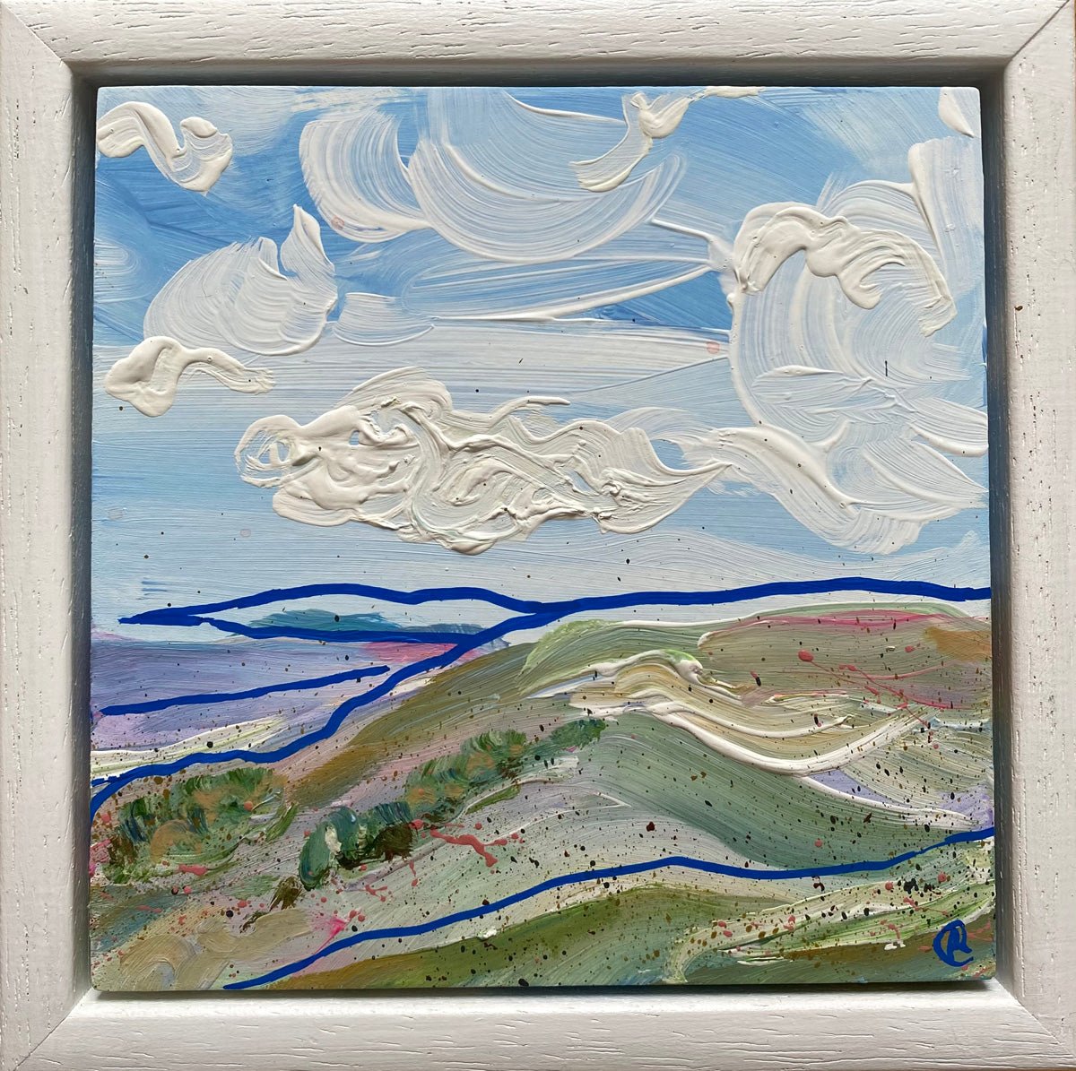 Mini abstract landscape triptych inspired by the Yorkshire Dales, painted directly on gesso block with chalk paint and acrylic in blues, white, purple, and pink, featuring fast-flowing blue lines, framed in a 15 x 15cm painted white wooden float frame.