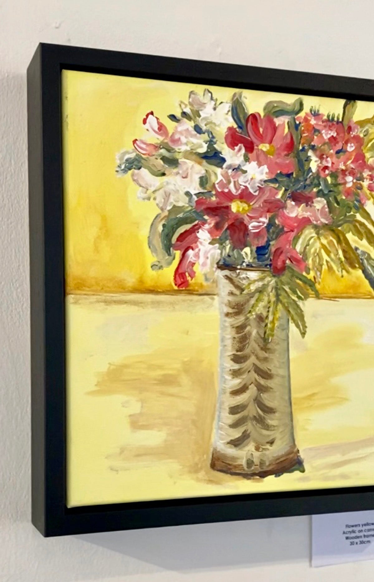 Fluffy and Free Flowers in studio pottery vase yellow background in frame - Rebecca Carr Artist