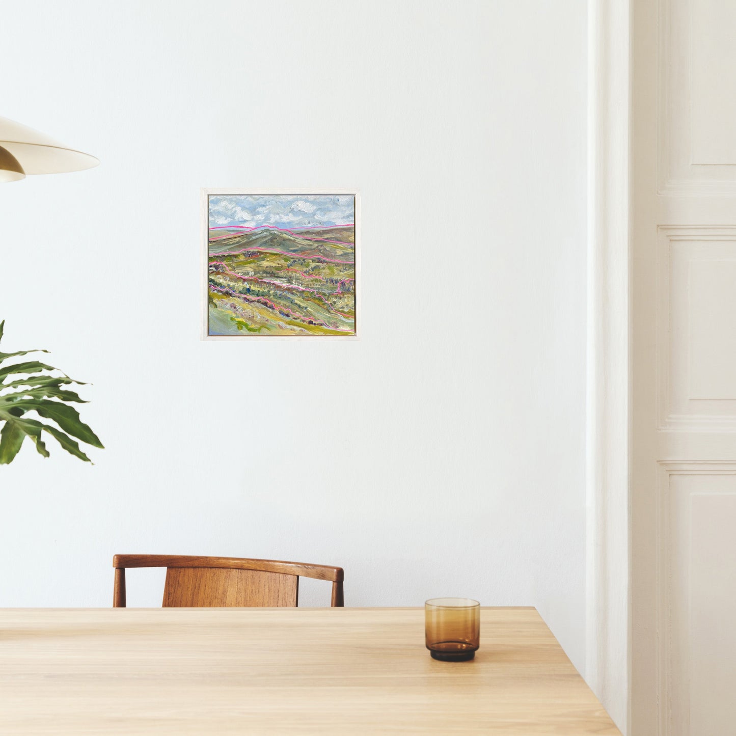 Contemporary acrylic painting of Combs, High Peak with flowing lines, textured grass, and a distant Derbyshire landscape by Rebecca Carr.