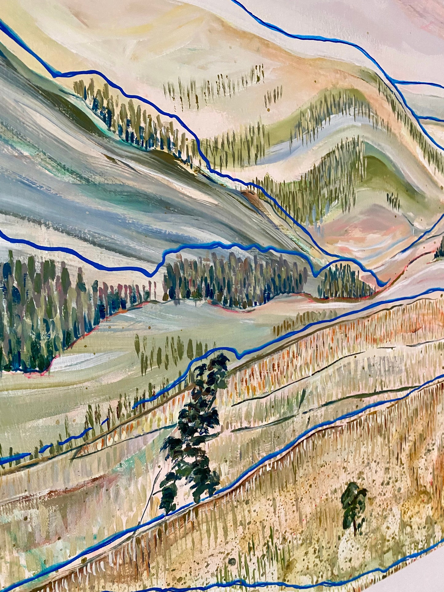 Acrylic and watercolor painting of foggy clouds over the Yorkshire Dales landscape."