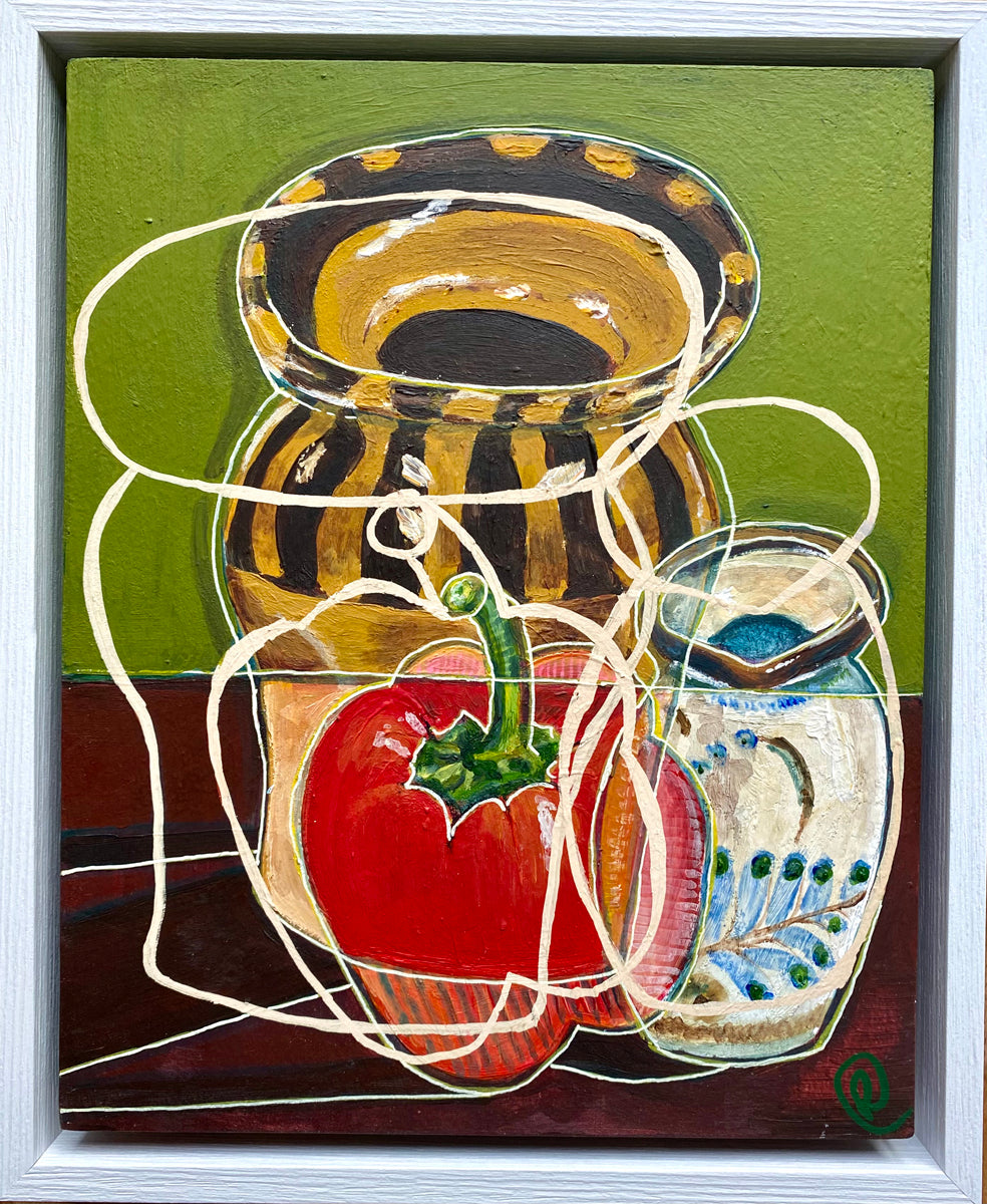 Still life contemporary artwork by rebecca carr cubist style artwork with a jar, pepper, and pottery on a moss green background