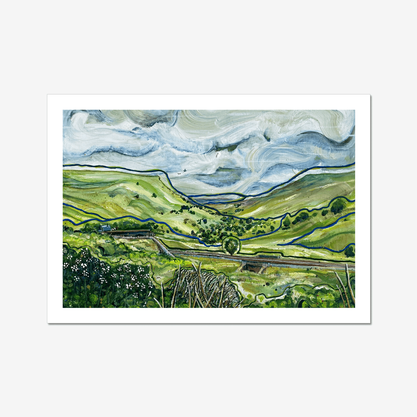 Peaceful countryside scene with horse and cart and railway, artwork by Rebecca Carr