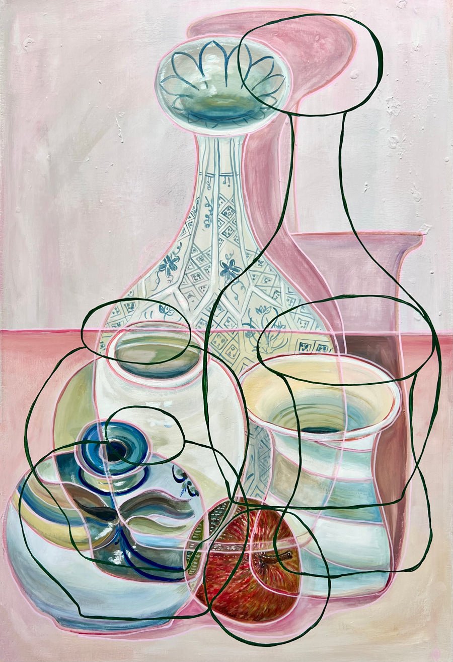 Abstract artwork of pottery vases on a pink background