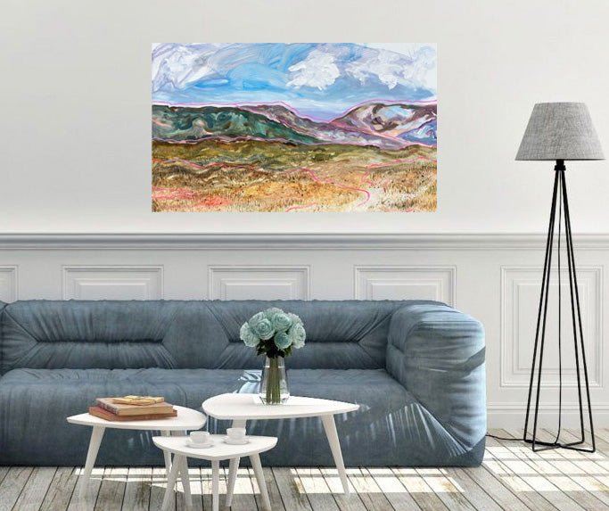 Colourful expressive painting of Yorkshire peat bog with bold brushstrokes, paint splatter, and sweeping lines on canvas