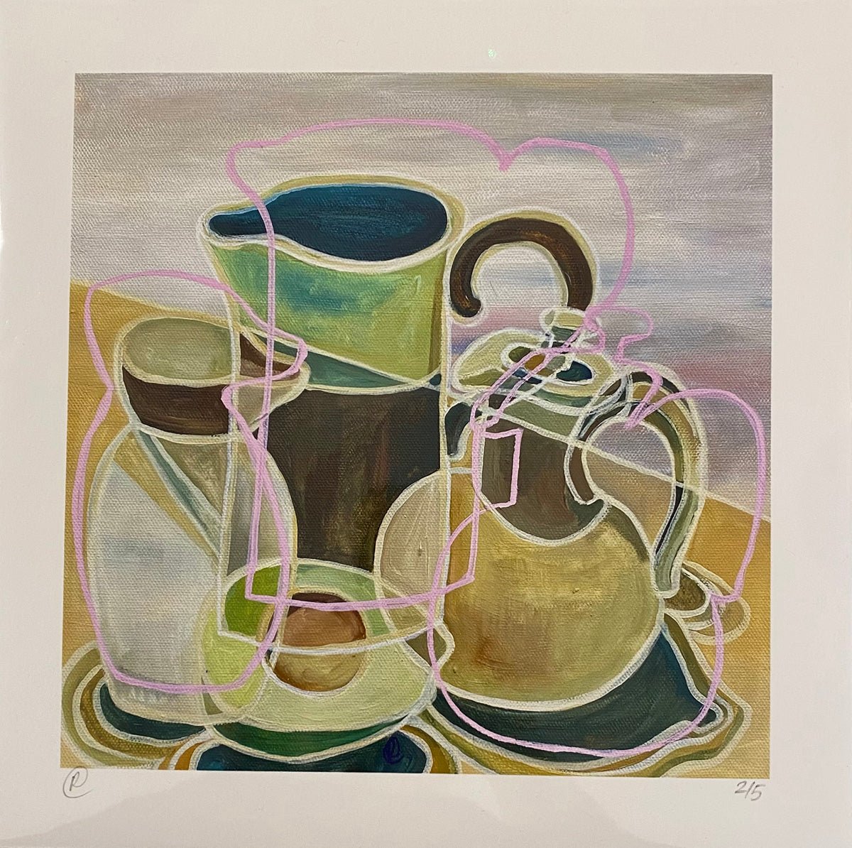 Signed limited edition of 5 still life with studio pottery and avocado - Rebecca Carr Artist