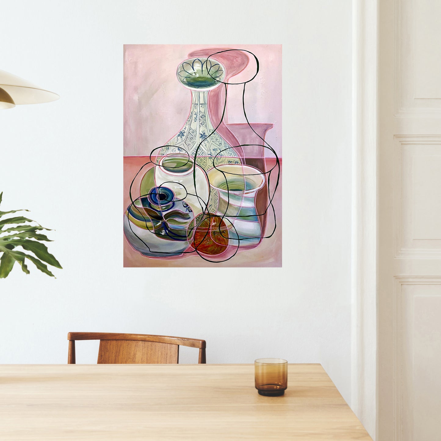 Original Contemporary Still Life Painting: Still life pottery vases and apple