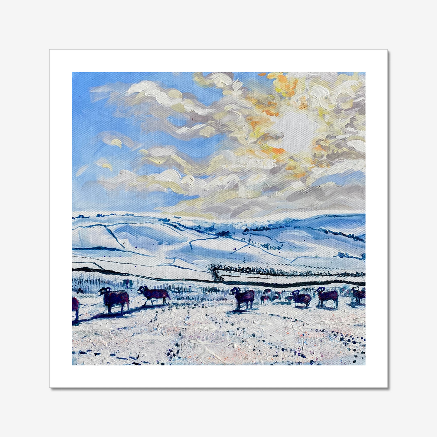 Winter Sun and Sheep by Rebecca Carr – signed limited edition print showing sheep ambling through a sunlit winter Yorkshire Dales landscape with blue tones and colourful textured foreground.