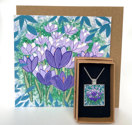 Crocus flower card and necklace gift set