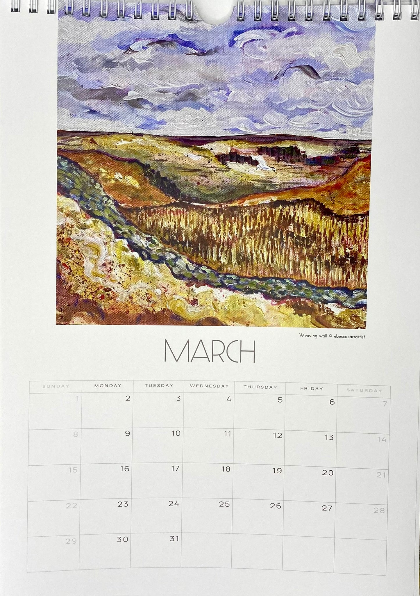 Rebecca Carr artist Calendar with a landscape painting for March 2026