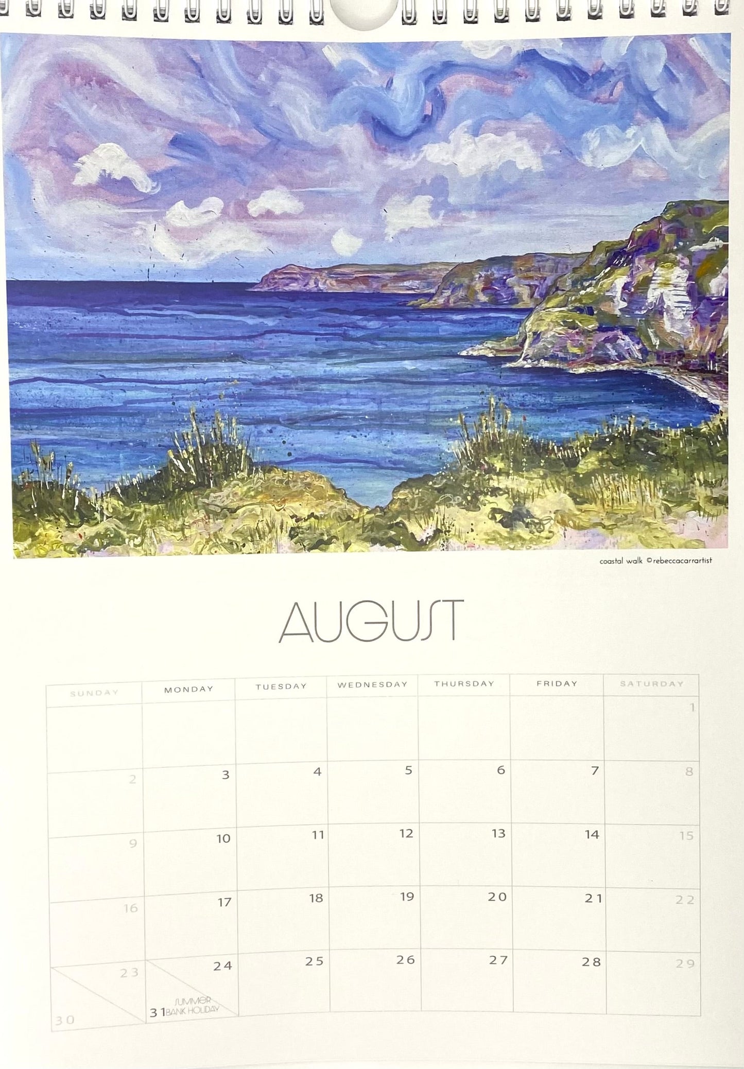 Calendar page for August with a painting of a coastal scene. Staithes