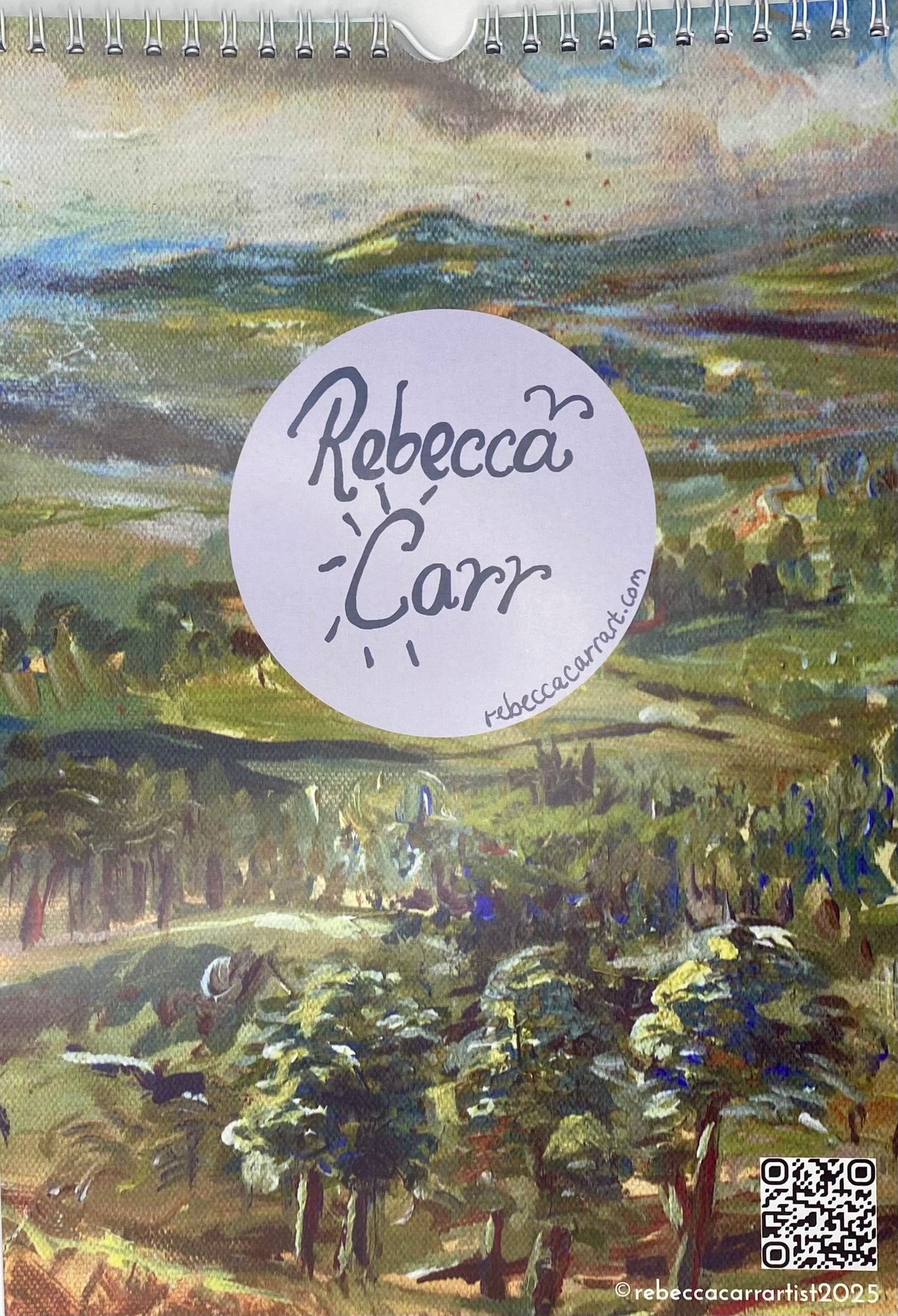 Artistic depiction of a landscape with a 'Rebecca Carr' logo and QR code.
