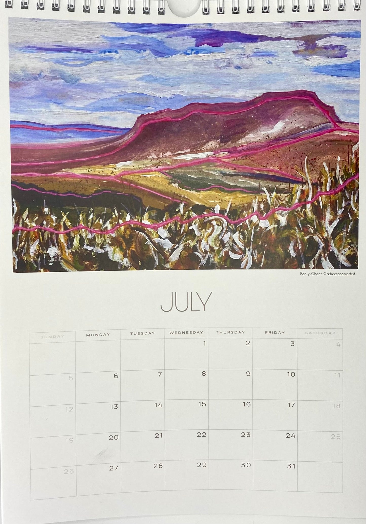Calendar page for July with a scenic illustration of a mountain and landscape. Pen-y-gehnt yorkshire