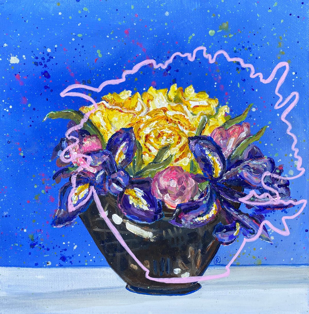 3 Yellow Roses Tulips, Irises & Splashes - Rebecca Carr Artist