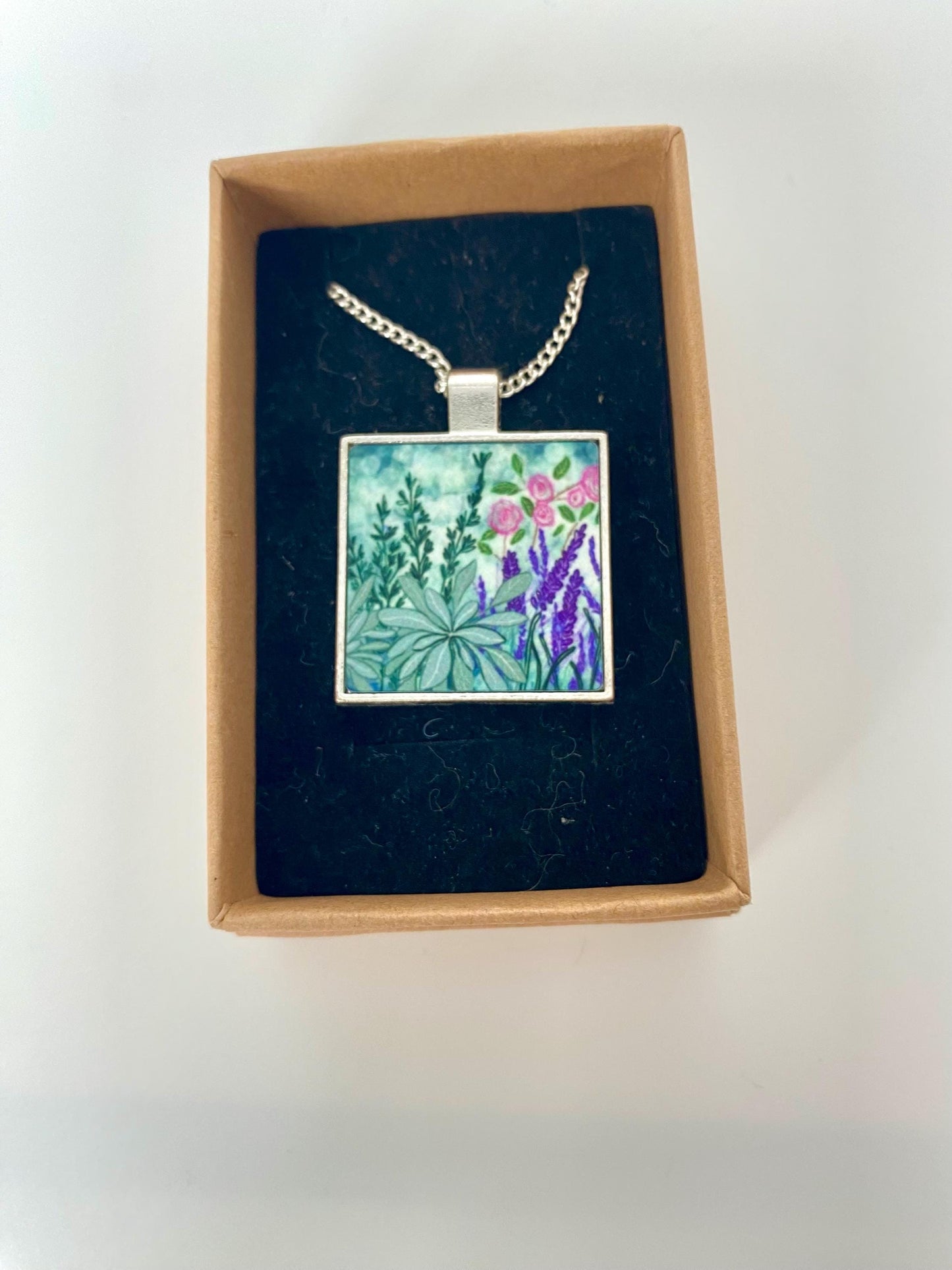 Rosemary, lavender and sage flower card and necklace gift set