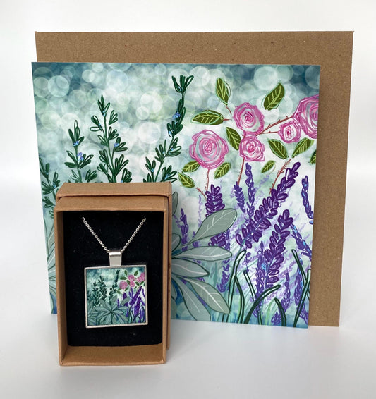 Rosemary, lavender and sage flower card and necklace gift set