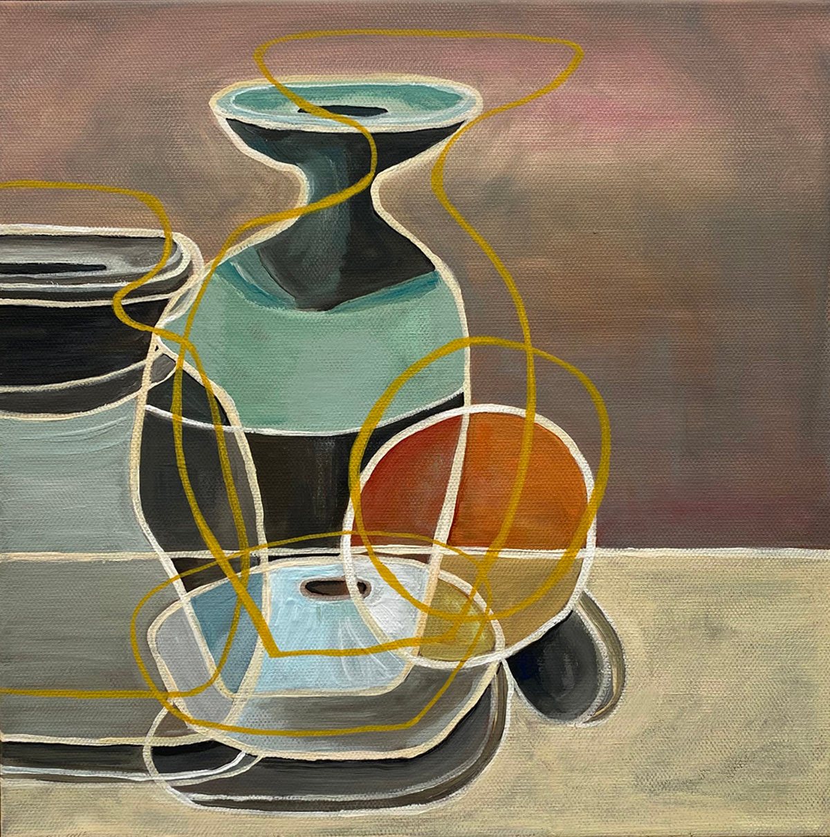Still life with studio pottery and orange original painting
