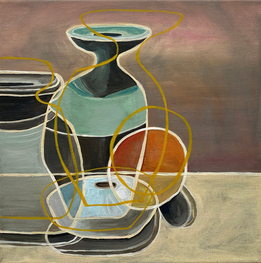 Still life with studio pottery and orange original painting