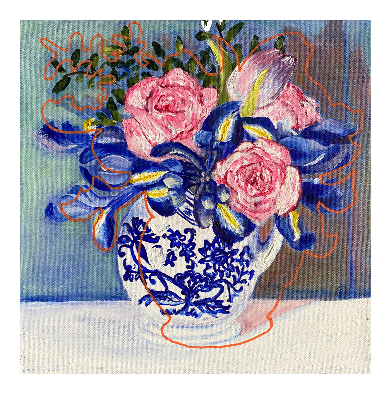 Pink roses and irises with blue, flower print - Rebecca Carr Artist