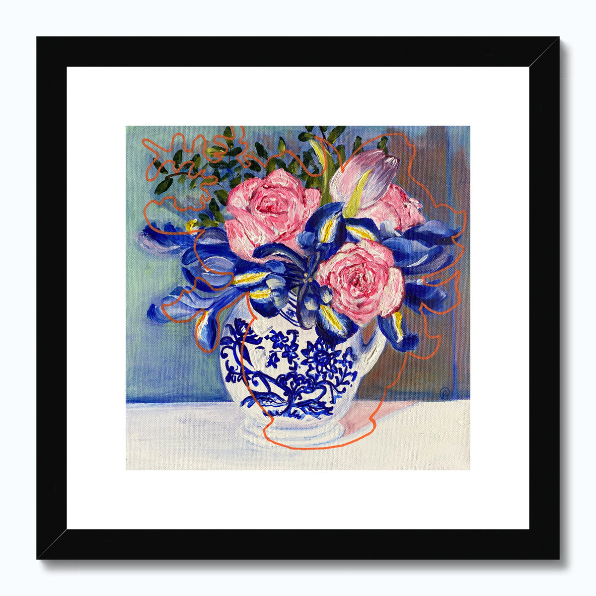 Pink roses and irises with blue, flower print - Rebecca Carr Artist