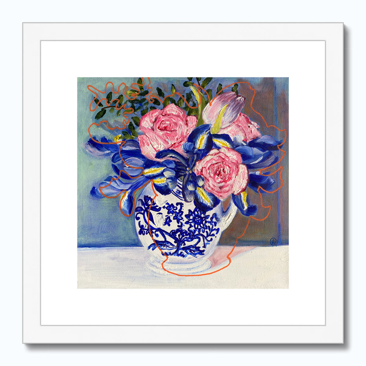 Pink roses and irises with blue, flower print - Rebecca Carr Artist