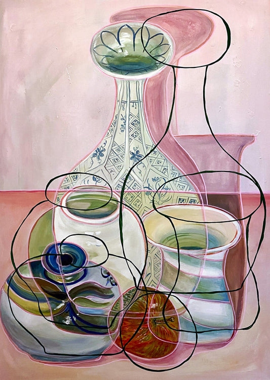 Abstract still life painting with ceramic vessels on a pink background
