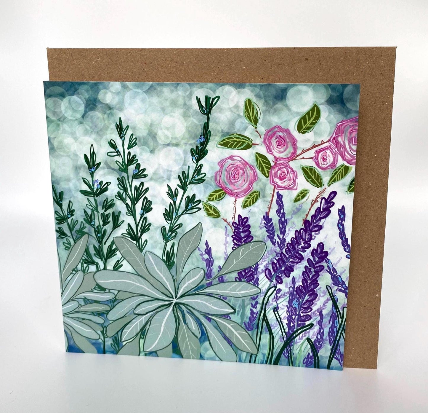 Rosemary, lavender and sage flower card and necklace gift set