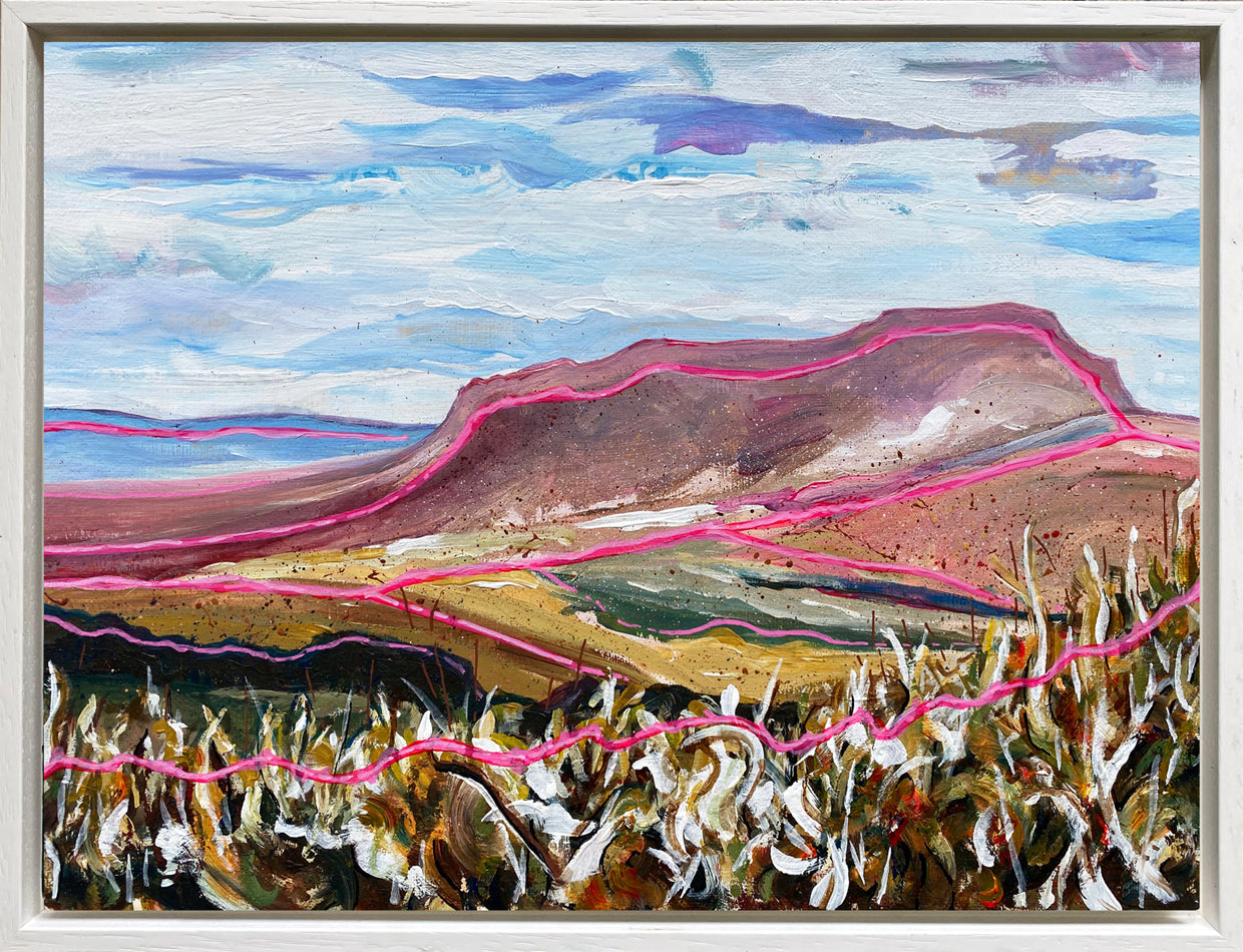“Pen-y-ghent” original landscape painting by Rebecca Carr, showing a cold spring day in the Yorkshire Dales with vivid earth tones, pale grey sky, wind-blown grasses, and expressive pink lines accentuating the landforms.