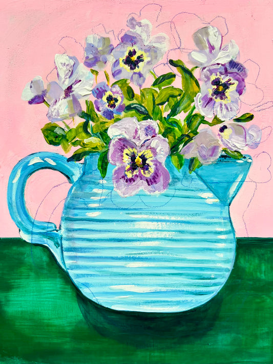 purple flowers in a blue jug painting