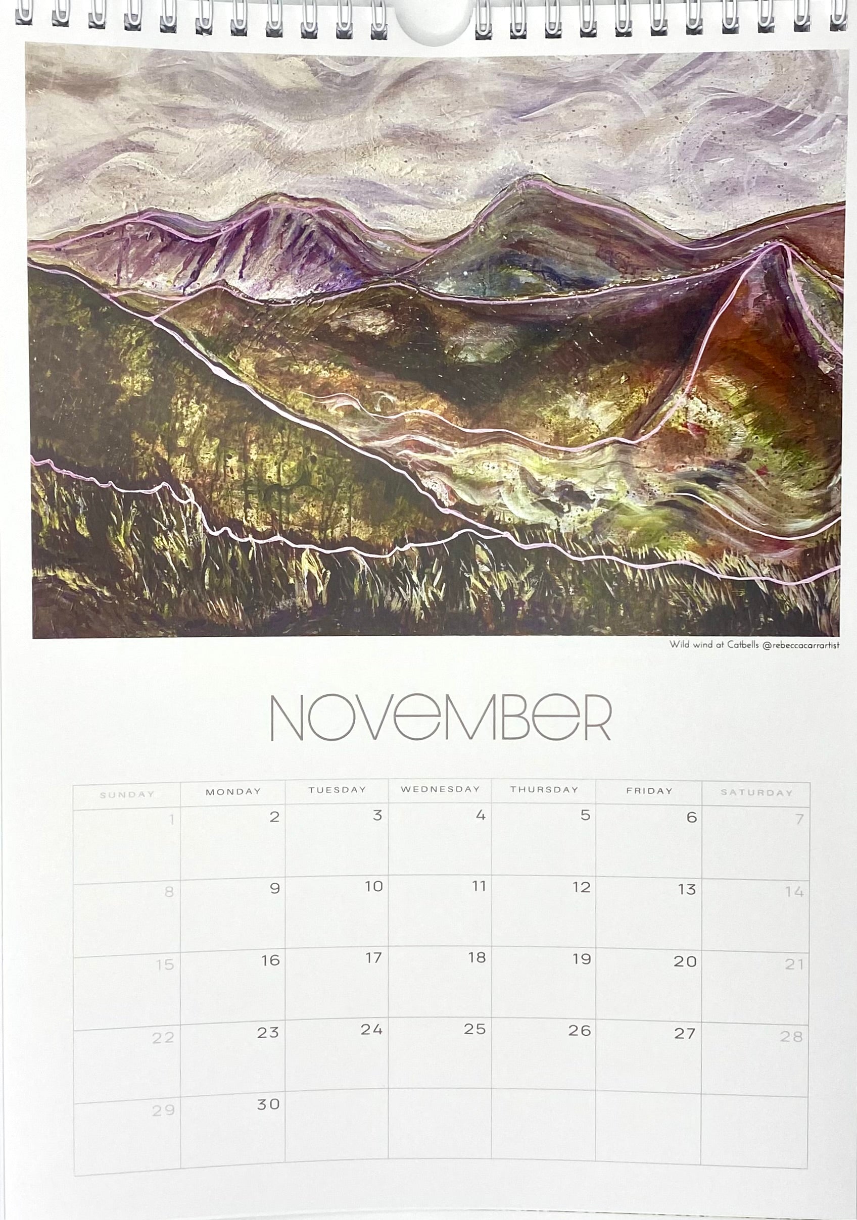 Calendar page for November with a mountain landscape design cumbrian mountains catbells