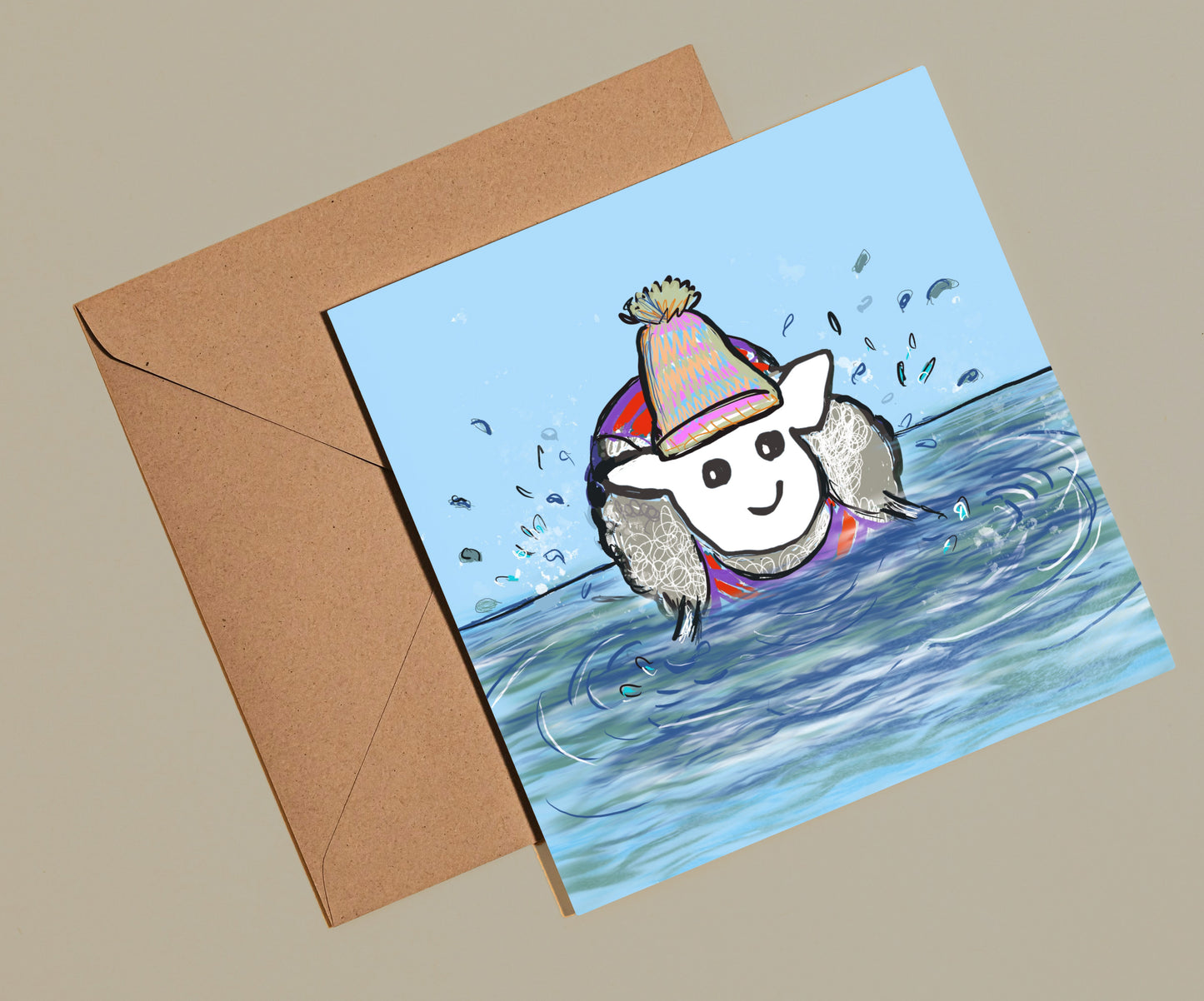 Sheep swimming card - Rebecca Carr Artist