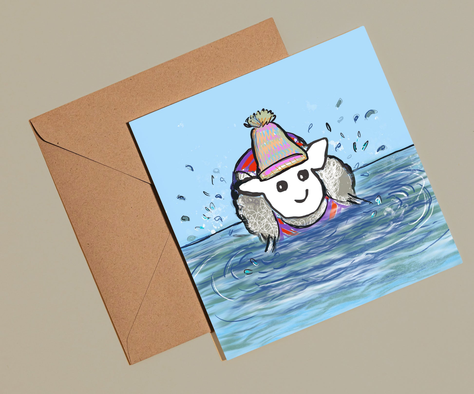 Sheep swimming card - Rebecca Carr Artist