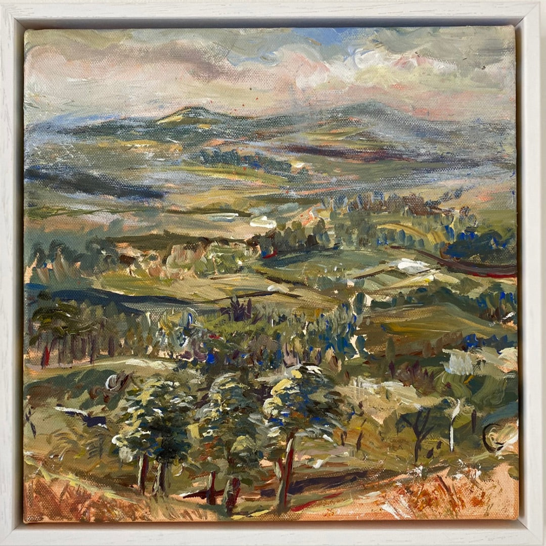 Original landscape painting of Sharphaw Hill in the Yorkshire Dales, looking toward Malham on a hazy summer day. Warm tones and soft brushstrokes by artist Rebecca Carr.