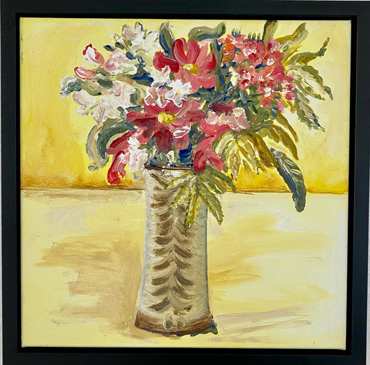 Fluffy and Free Flowers in studio pottery vase yellow background in frame - Rebecca Carr Artist