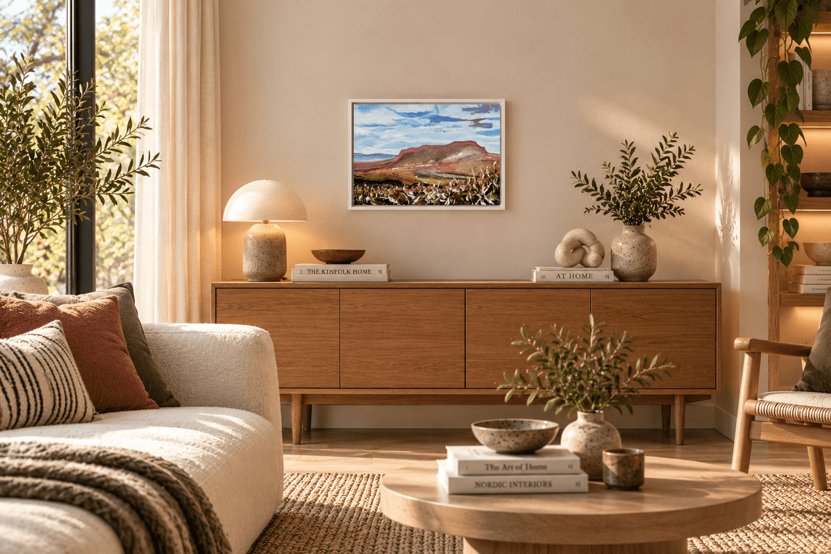 A framed landscape contemporary art painting pink of pne-y-ghent on a beige wall above a mid-century modern wooden credenza in a beautifully styled living room with a sofa, coffee table, and plants.