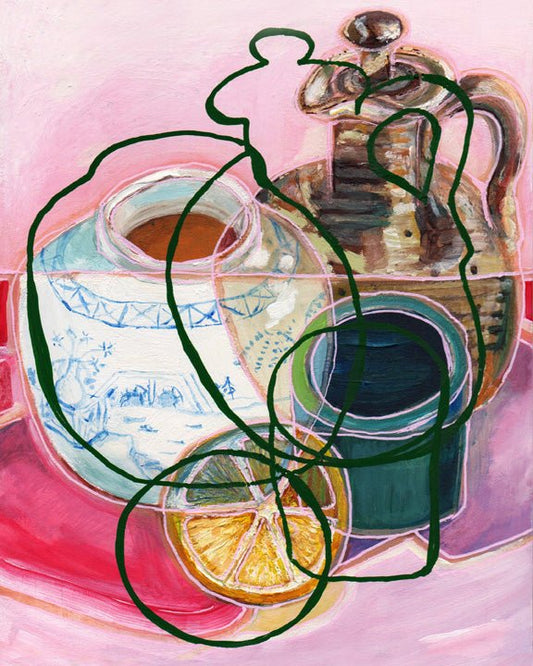 Still life with ceramic pots and a lemon on a pink background by rebecca carr artist
