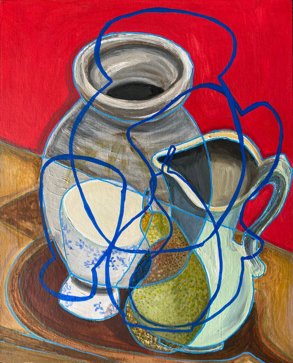 red Still life painting by Rebecca Carr with a jar, a pear, and abstract blue lines on a red background.