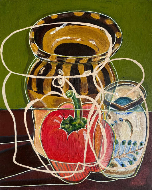 Still life contemporary cubist painting by rebecca carr with a striped vase, red pepper, and studio pottery on a green background