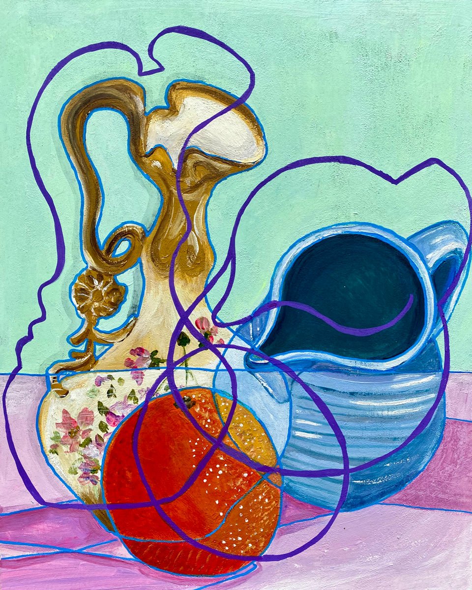 still life artwork of a vase and pitcher with floral patterns on a light green background