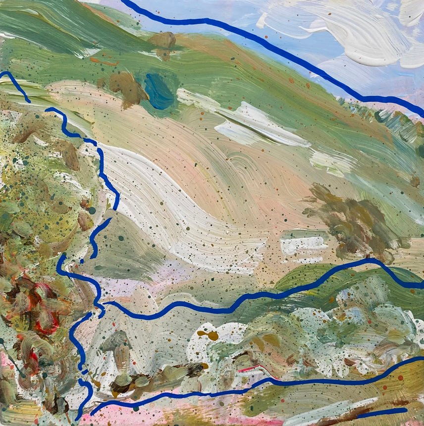 Mini abstract triptych painted with chalk paint and acrylic on a 12 x 12cm gesso block, featuring free-flowing blue lines and expressive strokes in white, green-blue, pink, and earth tones, mounted on watercolor paper and framed in a 15 x 15cm white wooden float frame.