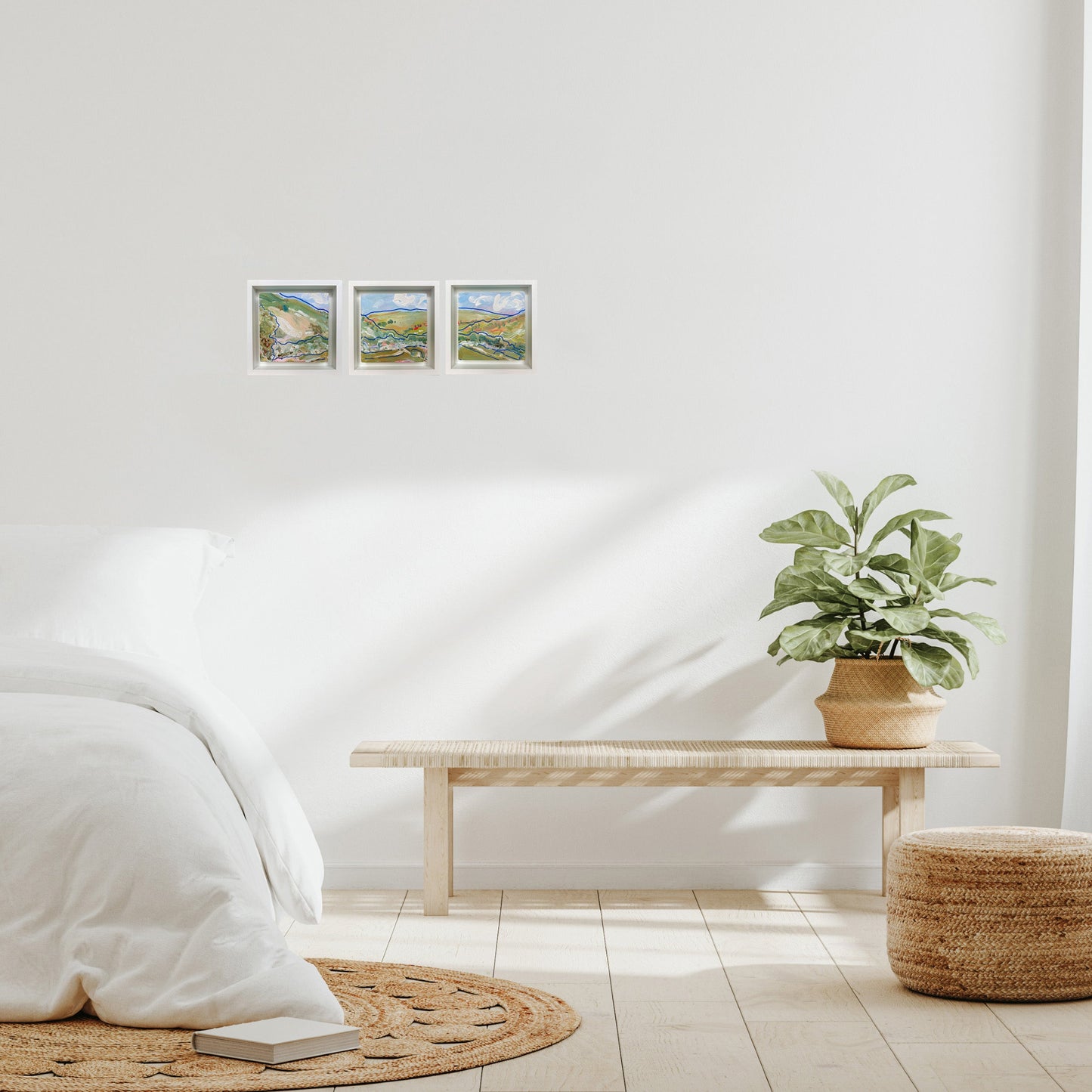 Mini abstract triptych painted with chalk paint and acrylic on a 12 x 12cm gesso block, featuring free-flowing blue lines and expressive strokes in white, green-blue, pink, and earth tones, mounted on watercolor paper and framed in a 15 x 15cm white wooden float frame.