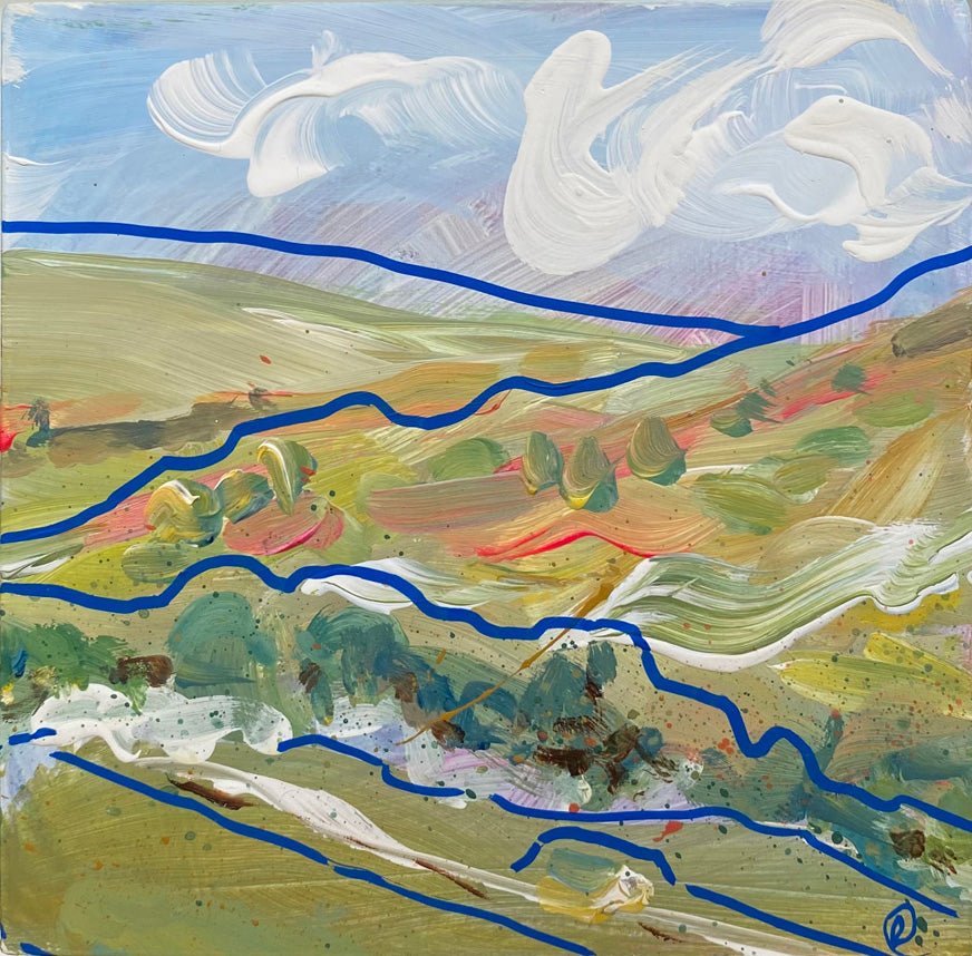 Mini abstract triptych painted with chalk paint and acrylic on a 12 x 12cm gesso block, featuring free-flowing blue lines and expressive strokes in white, green-blue, pink, and earth tones, mounted on watercolor paper and framed in a 15 x 15cm white wooden float frame.